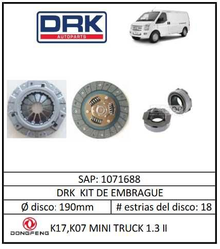 KIT EMBRAGUE DRK 1071688 DONGFENG K17,K07,MINI T - KEM1071688