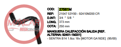 MANGUERA CALEFACCION INR 27561 SENTRA B14 MC27561
