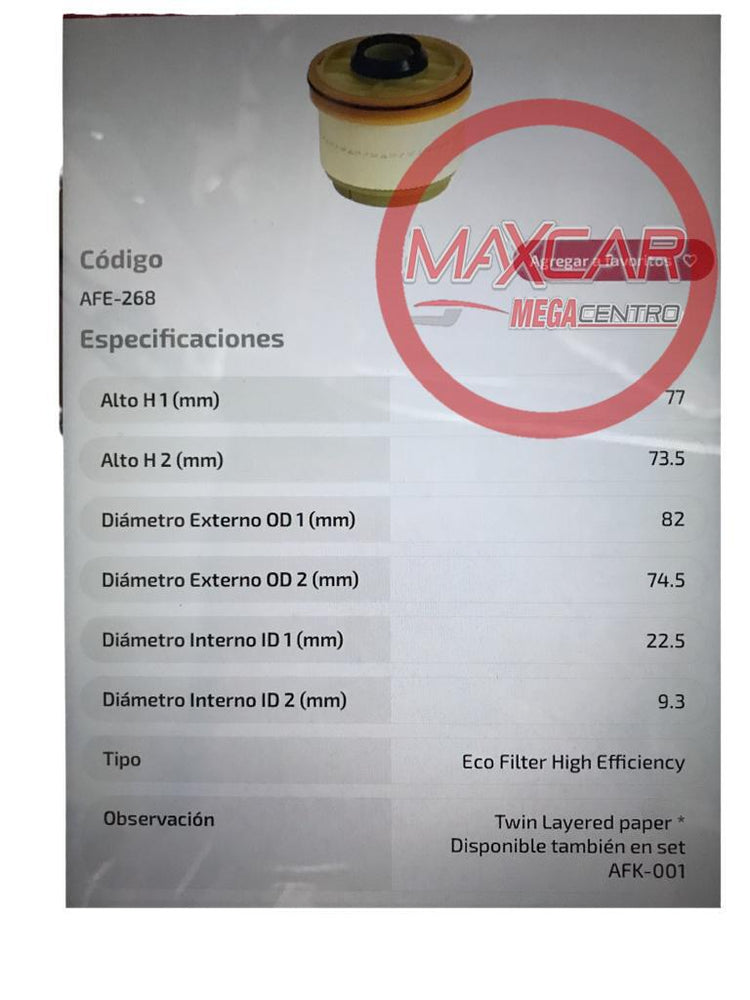 FILTRO COMBUSTIBLE ADVANCE AFE268 TOY HILUX 2.7 DIESEL MITSUBISHI L200 NATIVA 2.5 DIESEL DMAX 19- (MF16263) - FAFE268