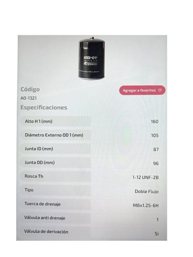 FILTRO ACEITE ADVANCE AO1321 HINO 300 DUTRO 07-12 (C1318) - FAO1321