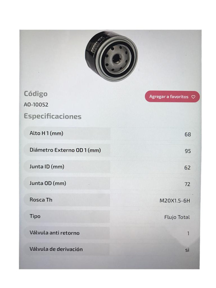 FILTRO ACEITE ADVANCE AO10052 JAC S5 DONGFENG 580 GLORY DFSK IX5 1.5T, CHANGAN CS55 1.5 19- - FAO10052