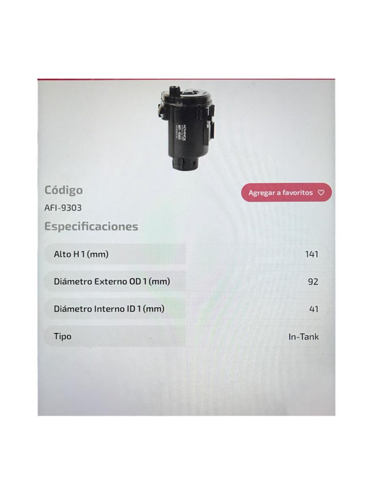 F.AFI9303 FILTRO COMBUSTIBLE ADVANCE GETZ MATRIX SANTA FE 02- (SUMERGIBLE)