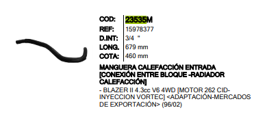 MANGUERA CALEFACCION ENTRADA BLOQUE INR 23535M UNIVERSAL - M23535M