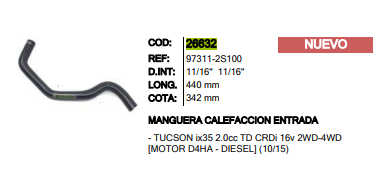 MANGUERA CALEFACCION ENTRADA INR 26632 TUCSON MC26632