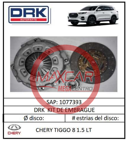 KIT EMBRAGUE DRK 1077393 CHERY TIGGO 8 1.6 LT - KEM1077393