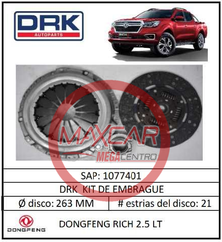 KIT EMBRAGUE DRK 1077401 DONGFENG RICH 2.5 LT - KEM1077401