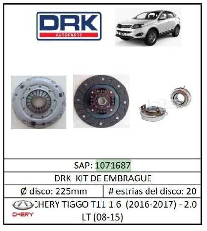 KIT EMBRAGUE DRK 1071687 CHERY TIGGO 3 1.6 LT - KEM1071687