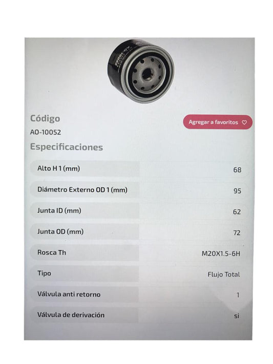 FILTRO ACEITE ADVANCE AO10052 JAC S5 DONGFENG 580 GLORY DFSK IX5 1.5T, CHANGAN CS55 1.5 19- - FAO10052