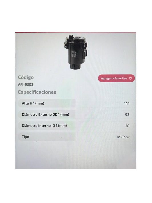 F.AFI9303 FILTRO COMBUSTIBLE ADVANCE GETZ MATRIX SANTA FE 02- (SUMERGIBLE)