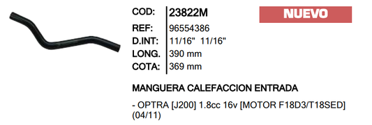 MANGUERA CALEFACCION ENTRADA INR 23822 OPTRA - M23822